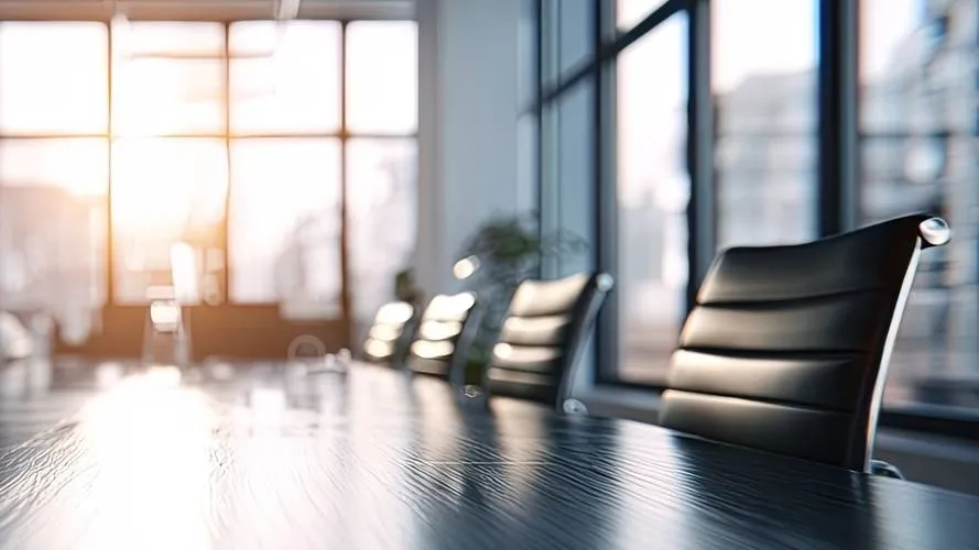Modern conference room with black leather chairs and large windows illuminated by sunlight.