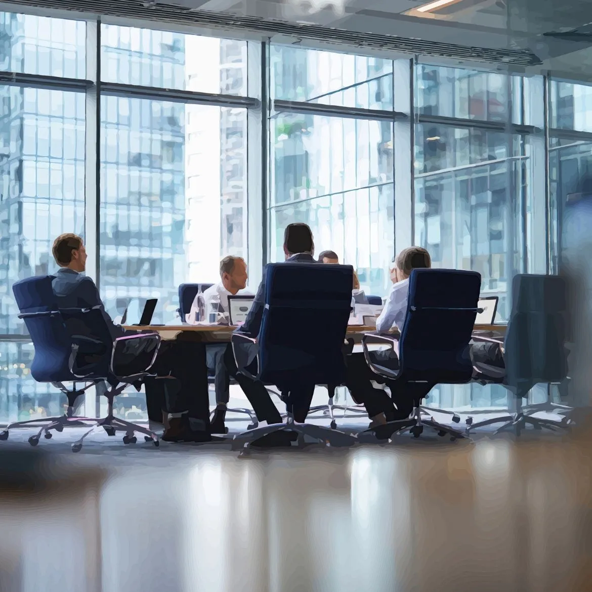 Five business professionals seated around a conference table in a modern glass-walled office.