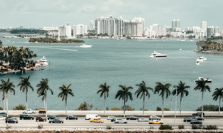 Waterfront cityscape with high-rise buildings, palm trees, boats, and cars on a coastal road.